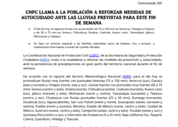 Protección Civil alerta por lluvias intensas en gran parte del país este fin de semana.