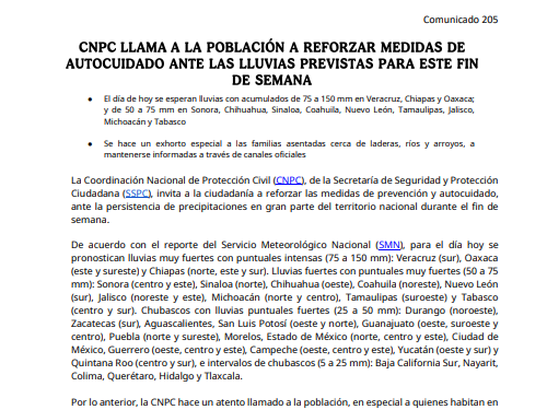 Protección Civil alerta por lluvias intensas en gran parte del país este fin de semana.